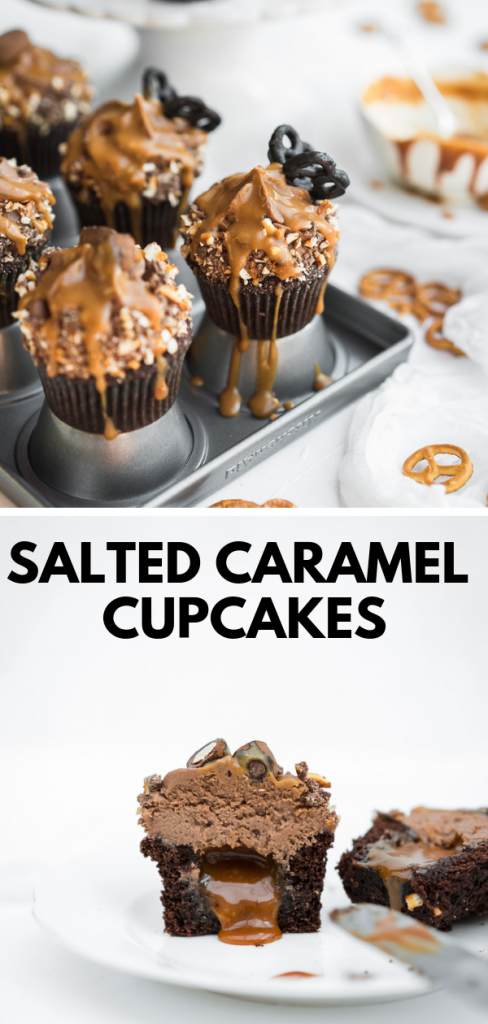 Salted caramel chocolate cupcakes with whipped ganache pin