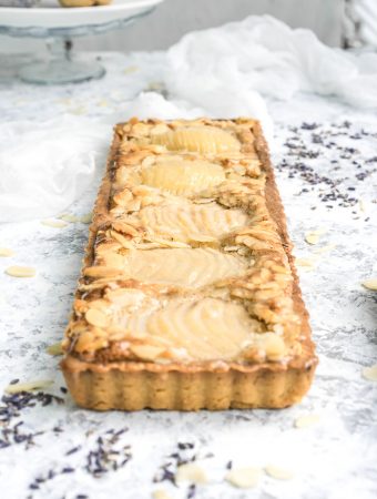 Pear frangipane tart with lavadner from the front