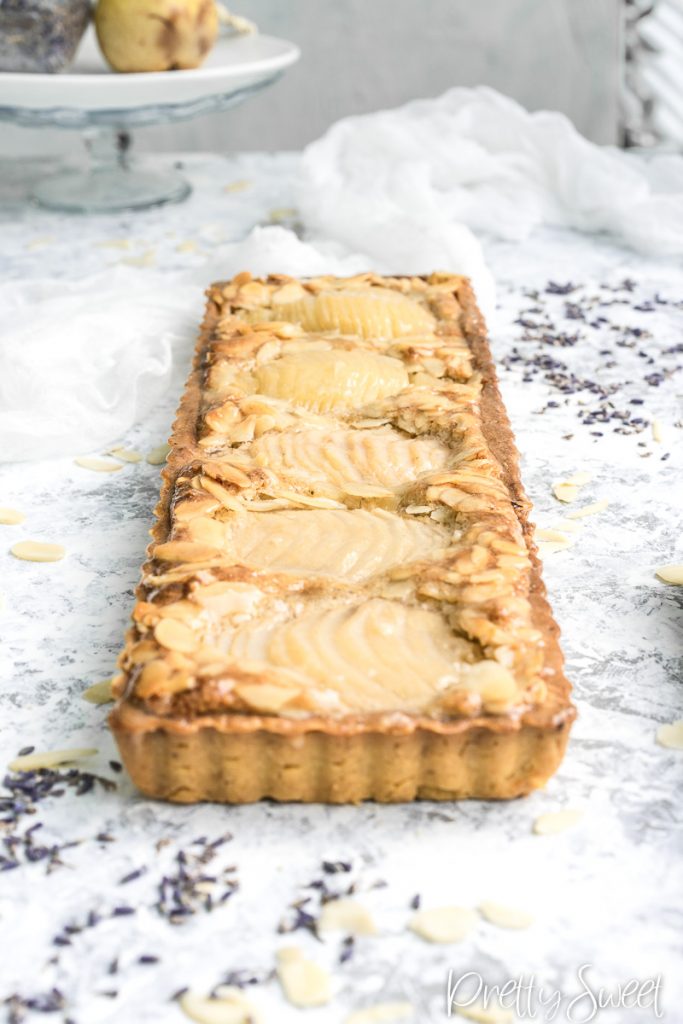 Pear frangipane tart with lavadner from the front
