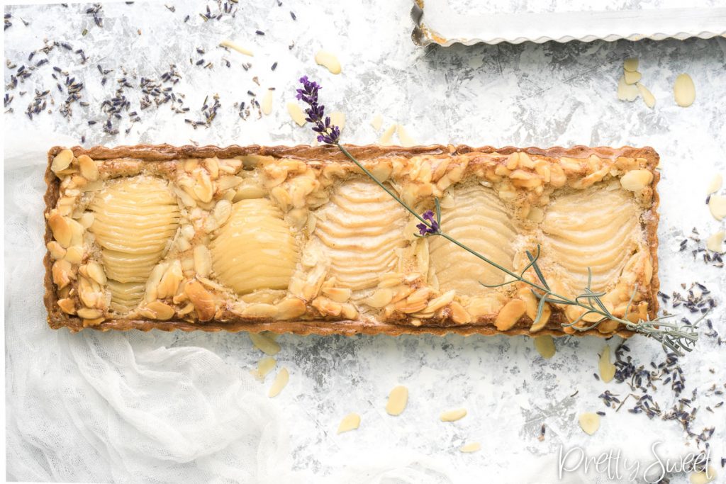 Pear frangipane tart with lavadner from bird's perspective