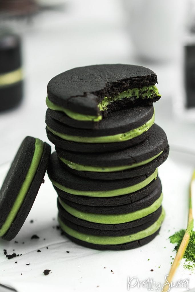Home-made matcha oreos in a stack