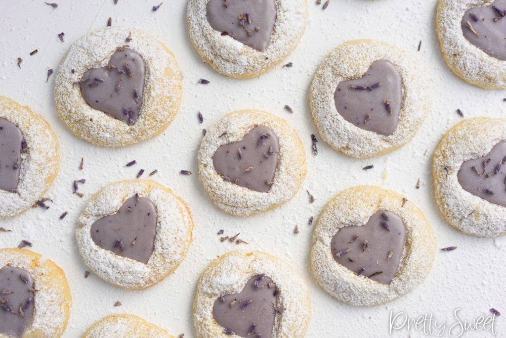 Lemon thumbprint cookies with violet white chocolate lavender ganache in 3 lines
