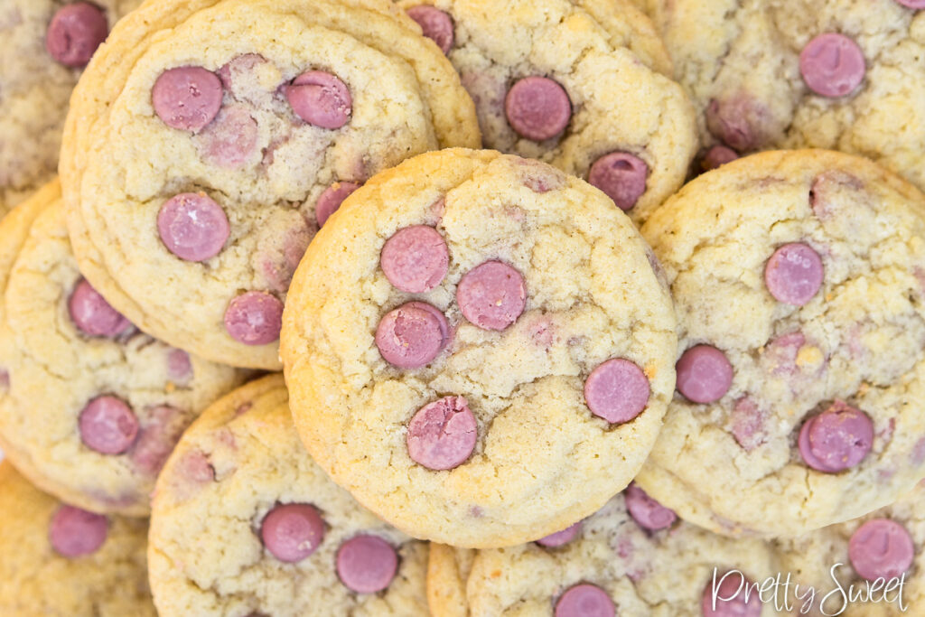Ruby chocolate cookies piled on each other close up